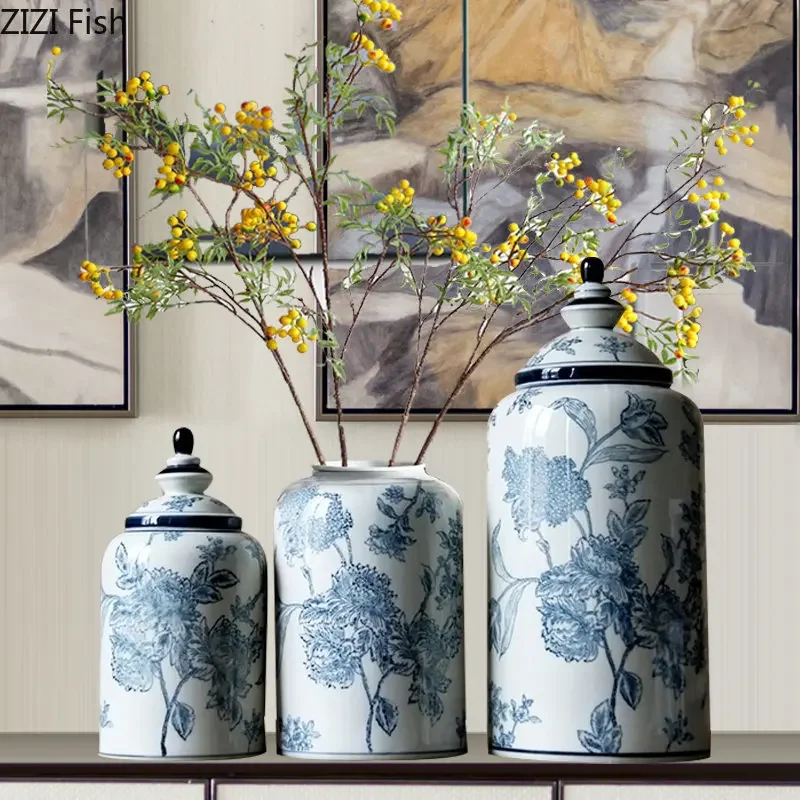 

Floral Texture Blue and White Porcelain General Jar Ginger Jar Sealed Tea Canister Candy Pots Desk Decoration Flower Arrangement