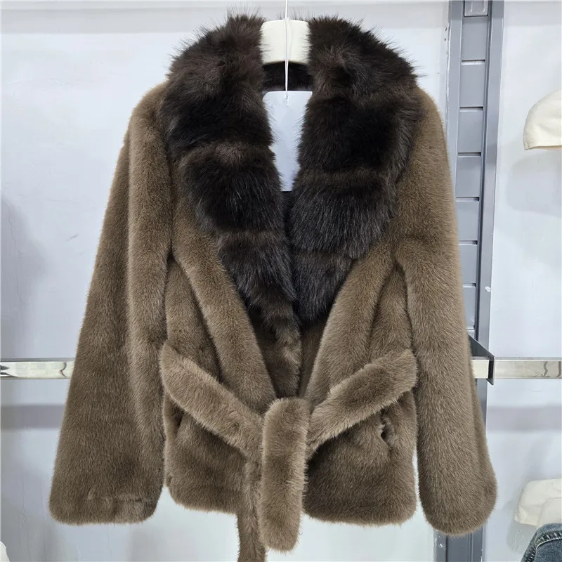 DEAT 2026 Winter Trend Style V-neck Single Breasted Faux Fur Coat With Belt For Women Contrast Color Thick Jackets 29A9574