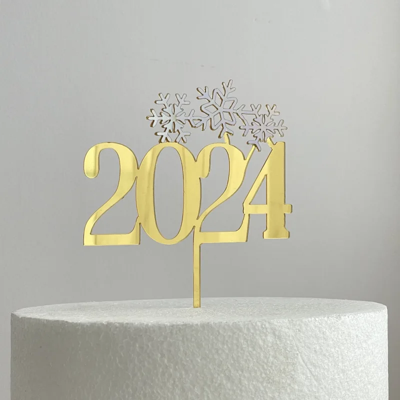 INS Snowflake Shape Merry Christmas Party Cake Toppers Golden Acrylic Hello 2024 Cake Topper for New Year Party Cake Decorations