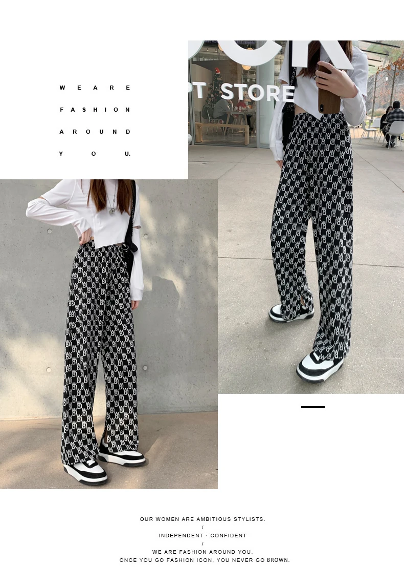 plaid pants elastic knitted Pants Fashion Women Casual Loose Wide Leg Trousers Retro Straight Trousers Hip-hop Unisex Streetwear plus size clothing