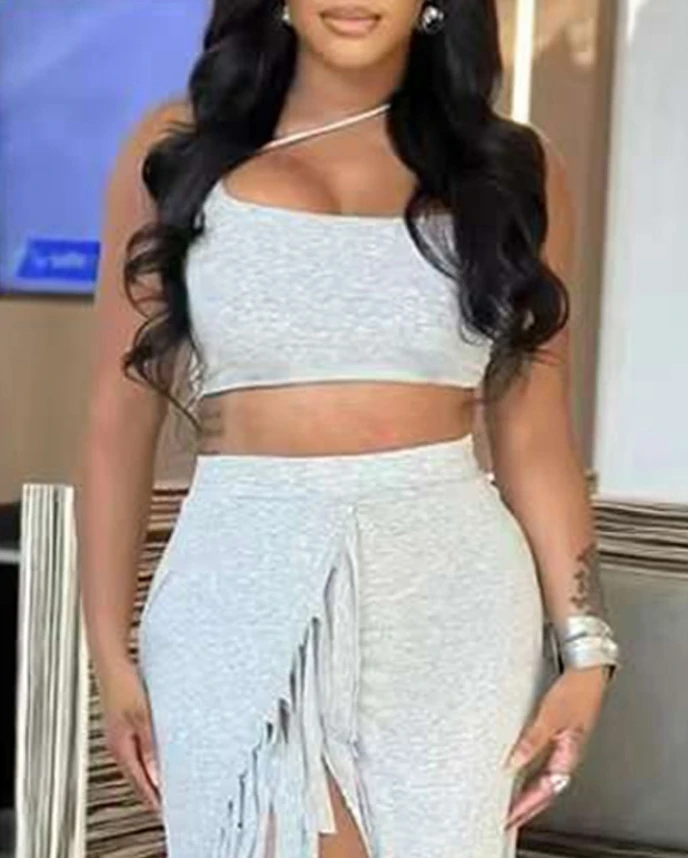 Urban Girls 2024 New Asymmetric Collar Sleeveless and Casual Tassel Design Split Skirt Set