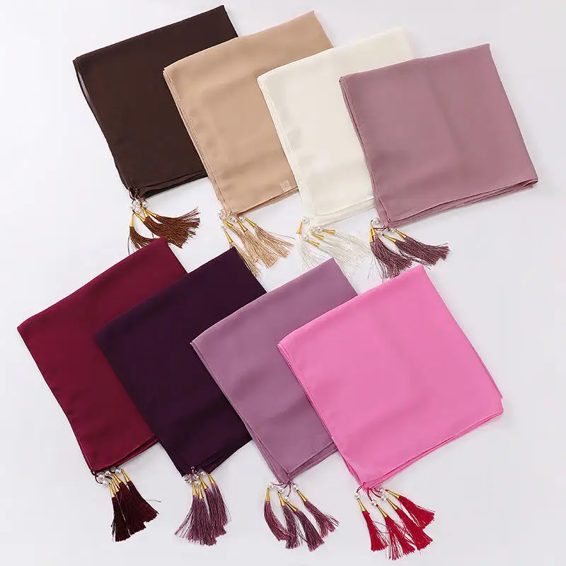 New Solid Pearl Chiffon Tassels Scarf Malaysia Large Square Scarf Veil Headscarf  Hijab Femme Musulman