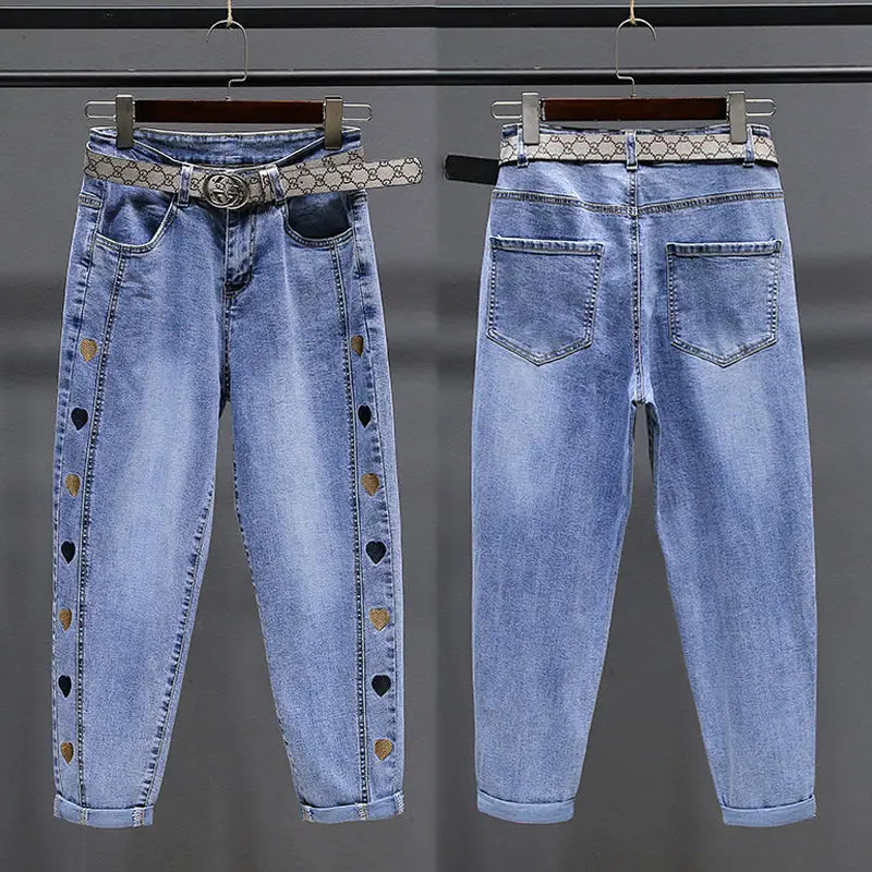 

Color Embroidery Love Harem Jeans Women 2021 New Female Designer High Waist Large Size Loose High Quality Women's Pants Trend