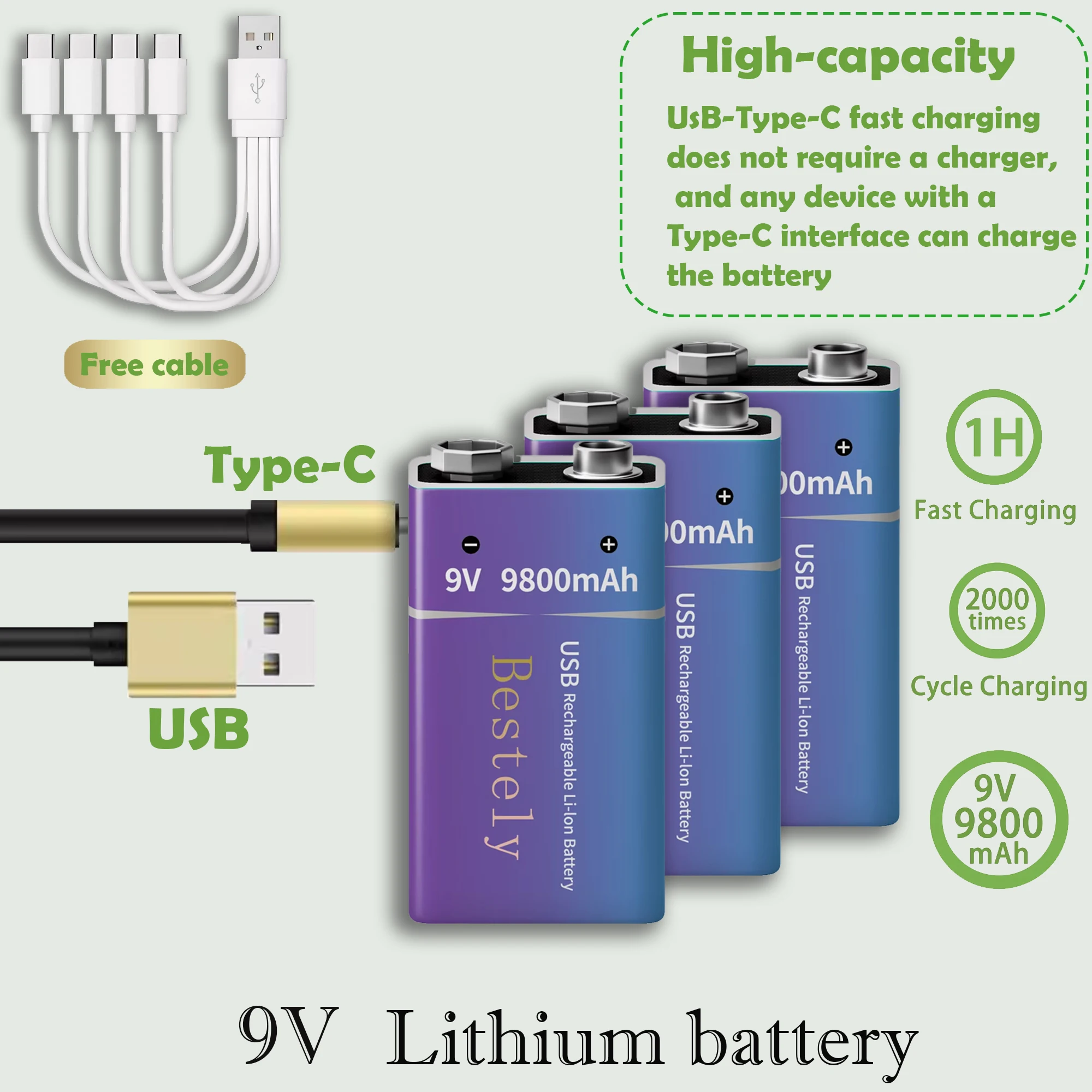 High-Capacity 9V Li-ion Rechargeable Battery with Type-C Charging Port