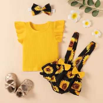 Newborn Baby Girl Clothes Set Summer Flroal Short Sleeve Romper Flower Headband 3pcs Outfit Infant Clothing Toddler Overalls Set 2