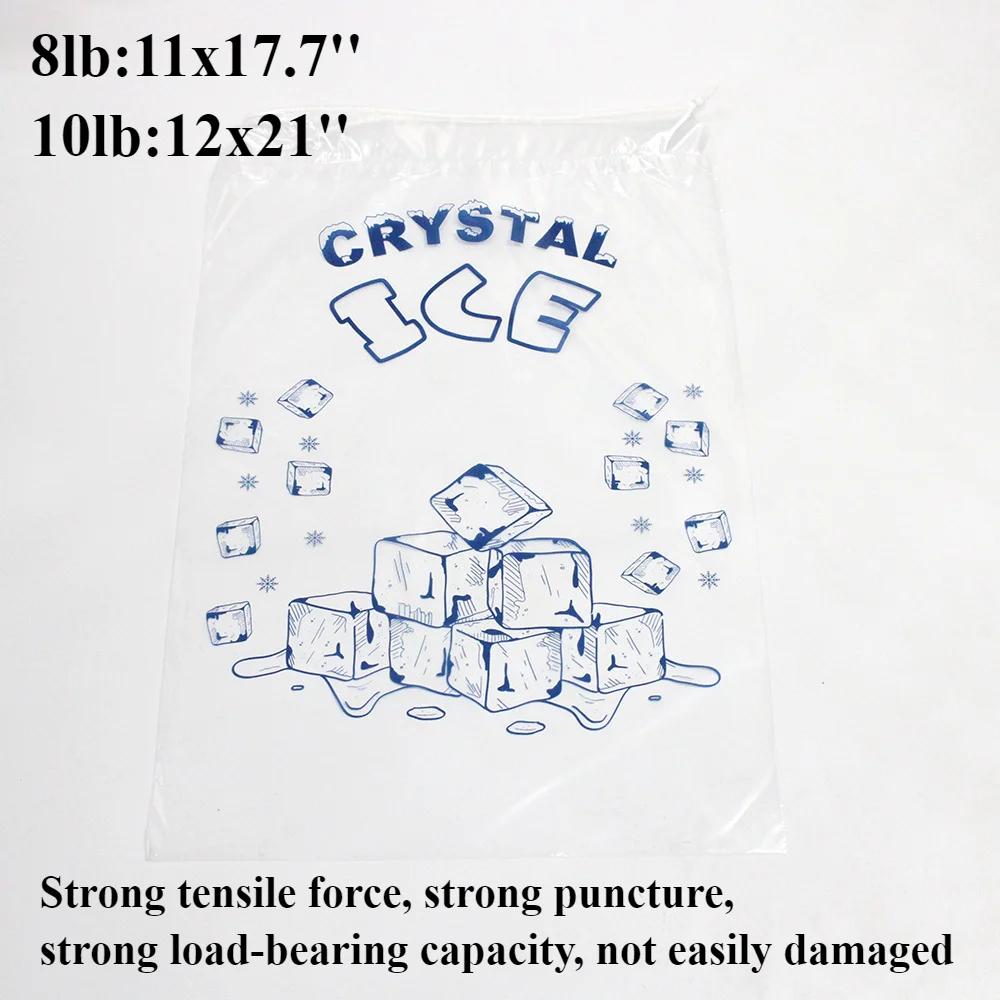 Top Disposable Corded Ice Bag 50pcs/pack 8/10 Pound Transparent Food Grade PE Drawstring Strap Mouth Ice Bag