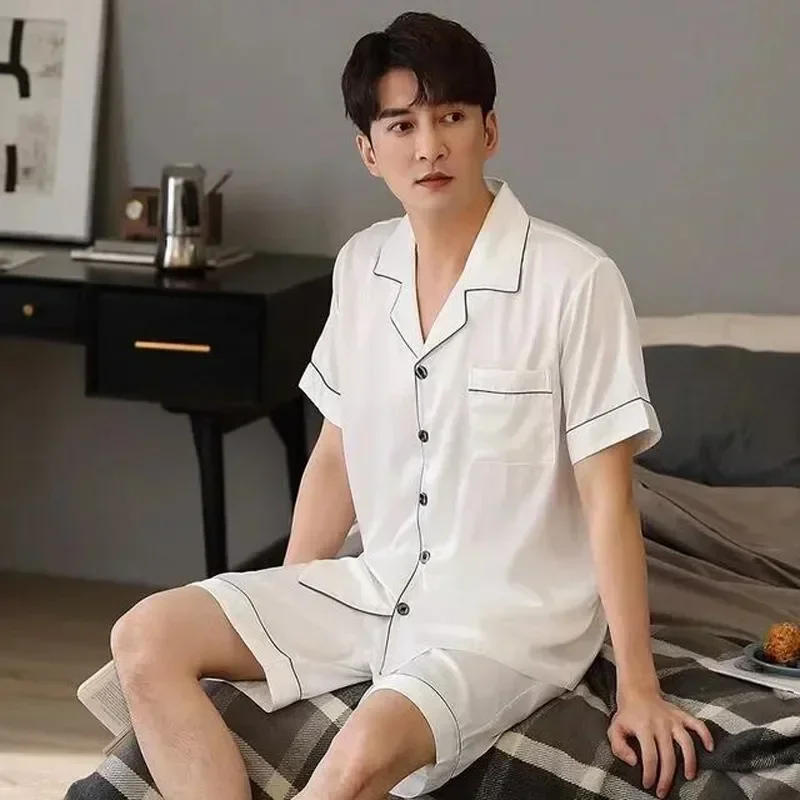 

Satin Wears Waistband Sleeve Button Elastic Men Short Shorts Suit Lounge Sleepwear Night Pajama Sets Tops Summer Male Silk Home