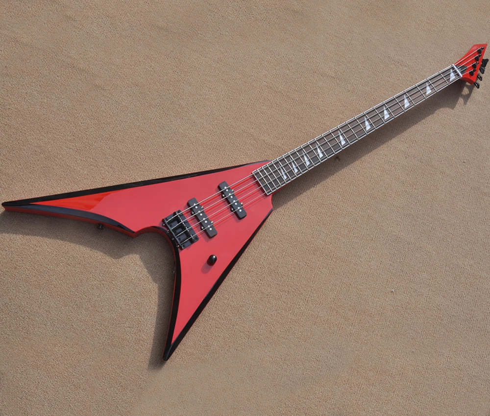 Red 4 Strings V Shaped Electric Bass With 24 Frets,rosewood Fretboard
