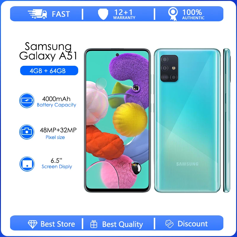 

Samsung Galaxy A51 A515F A515U Refurbished-Original Unlocked 4000 mAh Android Wi-Fi 48MP 6.5'' 64GB 4GB RAM Free Shipping