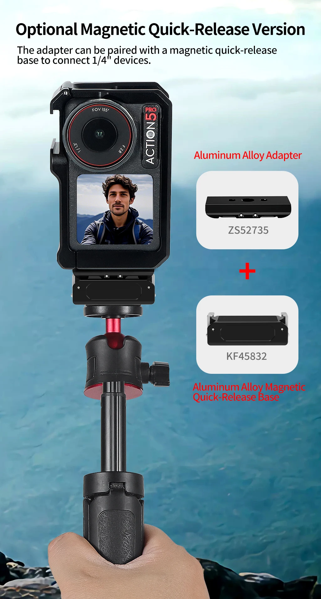 4-in-1-Aluminium-Adapter, 1/4 Zoll M3-Montageloch für DJI OSMO 360 Action 4 5 GoPro 13 NATO Slider, magnetische Schnellverschluss-Stativbasis – Detail 10