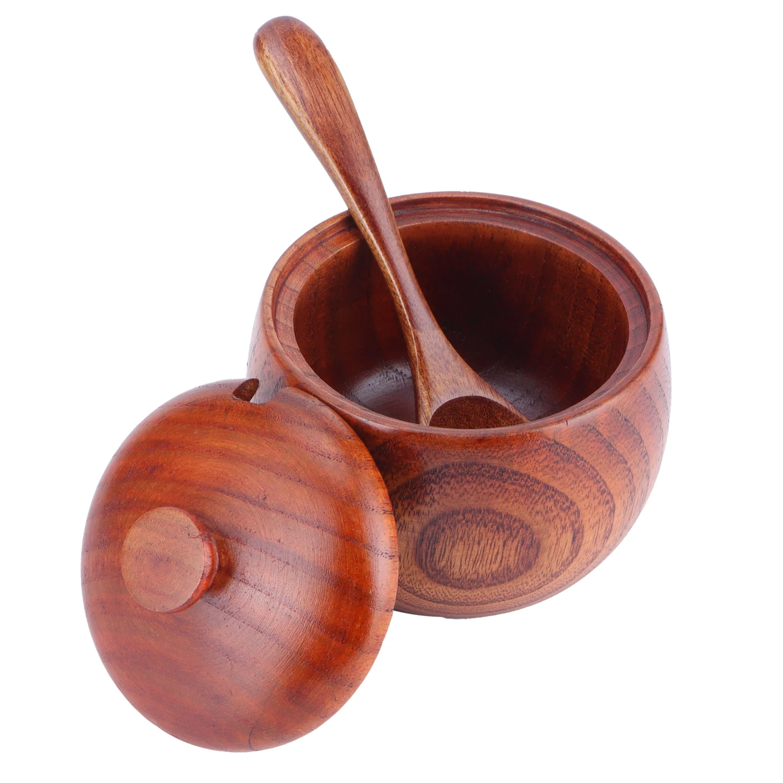 Wooden Salt Bowl with Lid Spoon Vintage Spice Jar Seasoning Container Cooking Utensil 150ml for Home Kitchen food storage container