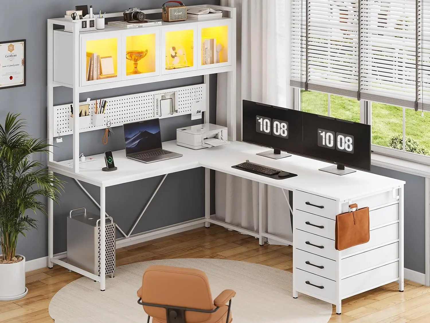 L Shaped Gaming Desk with Drawers, L Shaped Computer Desk with Hutch and Storage Shelves, Gaming Desk with Pegboard, 3