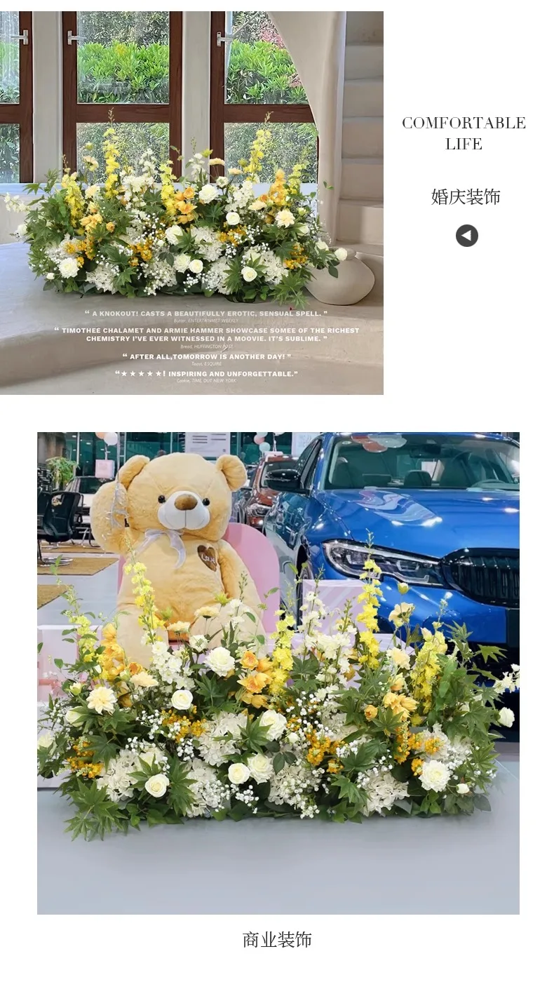 Description Picture 3 of itemYellow white flowers green plants Large Flower Row Runner Wedding Backdrop Deco Floral Wall Hanging Wedding Sign Home Party Prop