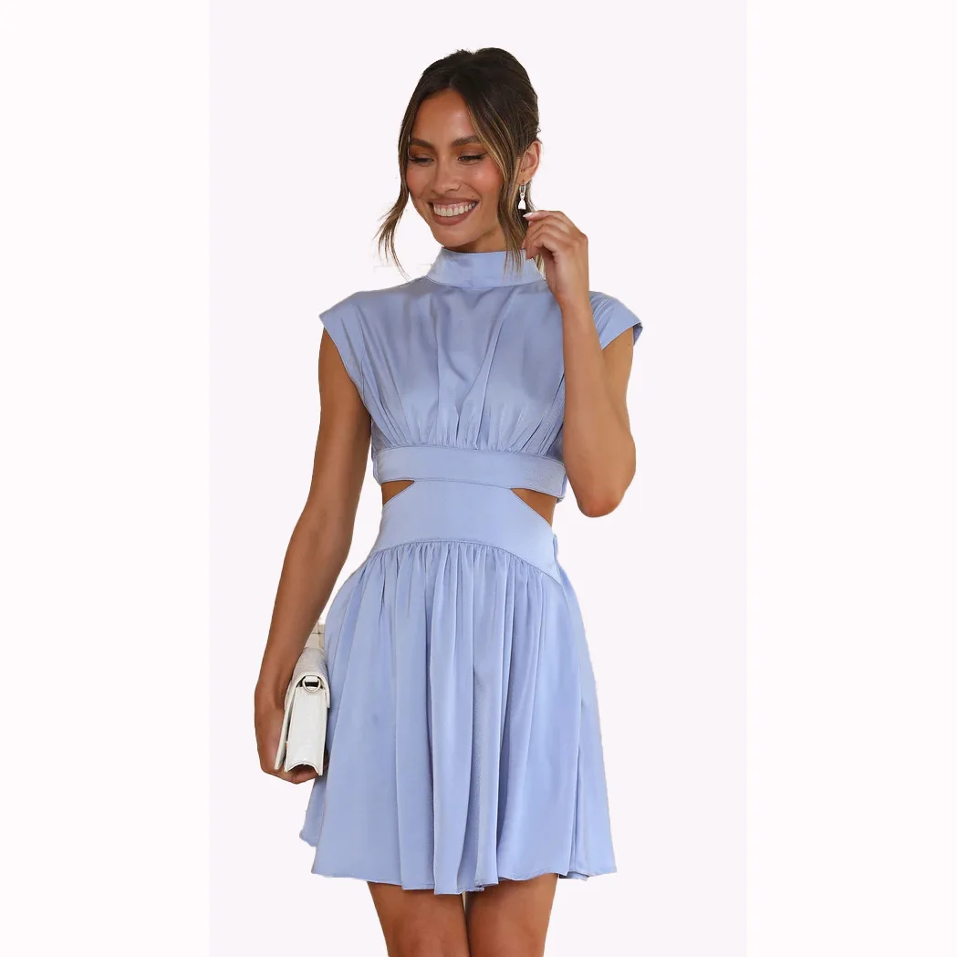 

Back zipper sleeveless stand collar waist cut out asymmetrical mini dress Summer 2023 green black party club clothes