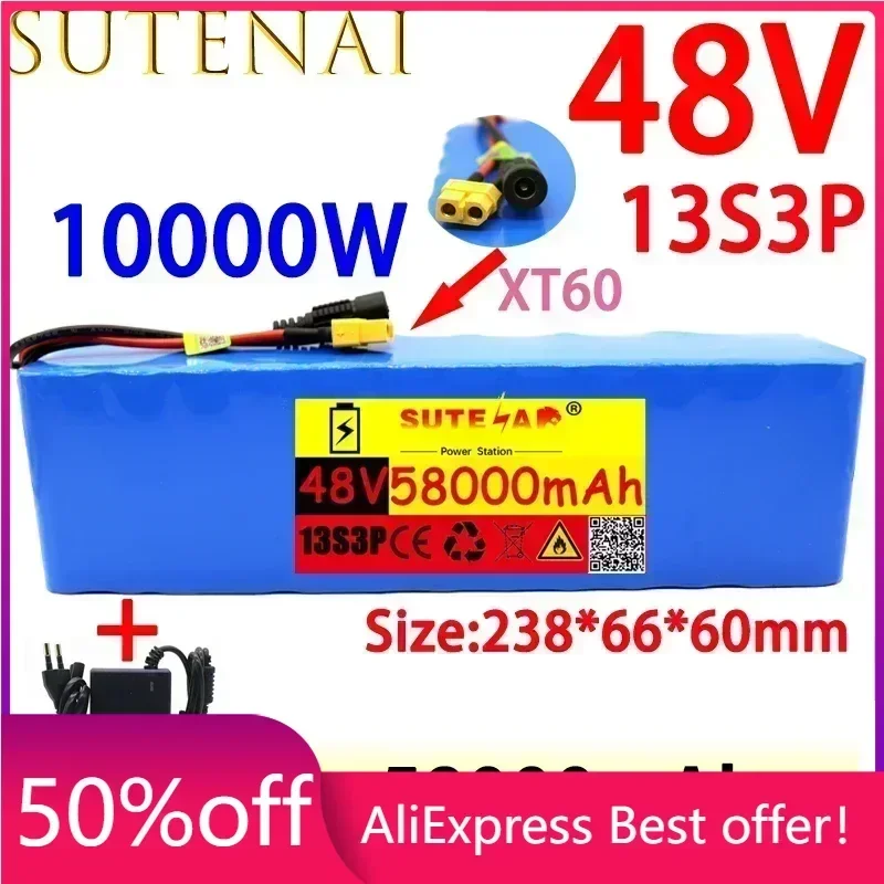 

48v58ah 1000W 13s3p 48V lithium ion battery pack XT60 plug for 54.6V electric bicycle and scooter. Engine, with BMS+54.6vcharger