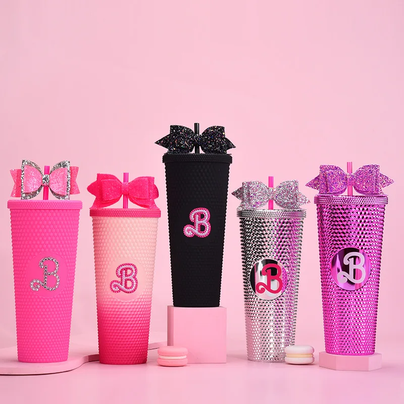 

710ml Pink Party Diamond Miniso Cup with Bling Bow Plastic Straw Durian Water Bottle Glitter Tumbler for Girl Gifts