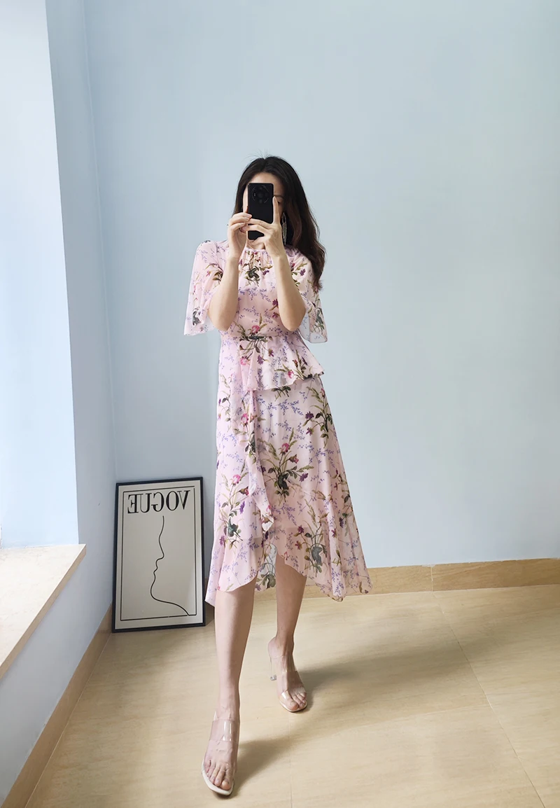

New Spring Pink Floral Print Sleeves Ruffles Dress UK8 -UK 14