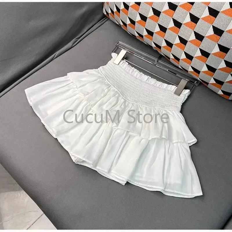 Sweet Cake Skirt Women's Ruffles Casual Simple Short Mini White Chiffon Skirt Black Kerean New 2024 Puffy Ballet Style Skirts 3