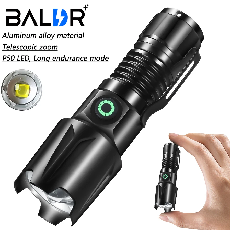 BALDR Ultra Bright XHP50 Flashlight Retractable Flash Light Torch With 5 Lighting Modes Mini pen clip flashlight Moon mode