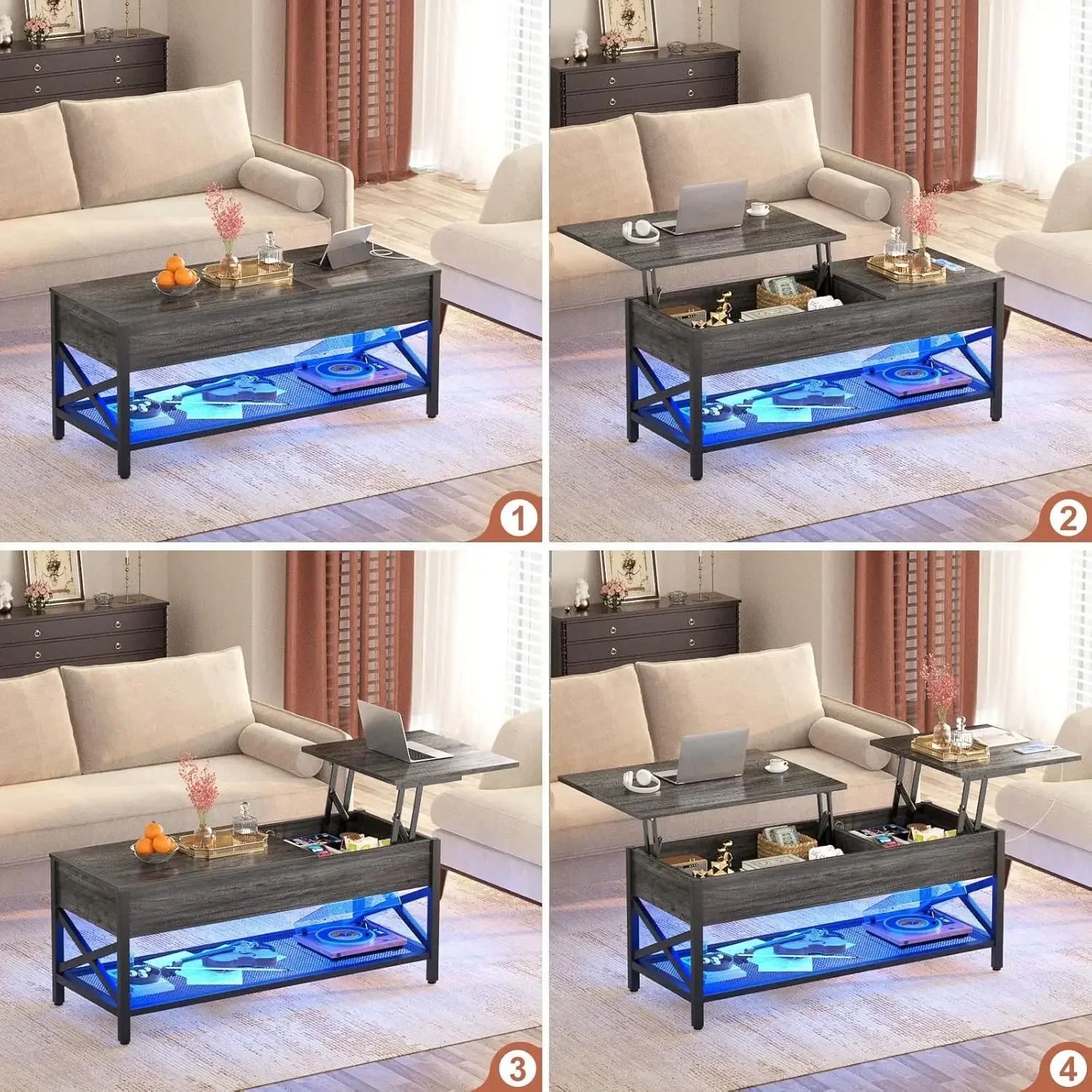 Coffee Table, Lift Top Coffee Table with Storage, LED Light & Power Outlet & Hidden Compartment, Retro Center Table ，Black Oak 6