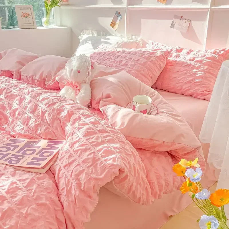 

Seersucker Bedding Sets Solid Color Washed Cotton Microfiber Duvet Cover Flat Sheet Pillowcases Soft Bed Linen For Girls