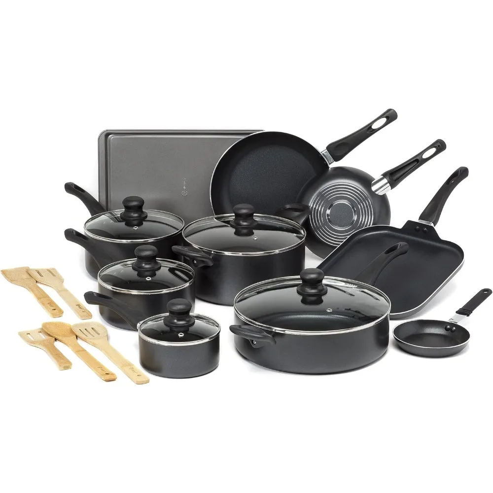 

Easy Clean Nonstick Cookware Set, Dishwasher Safe Kitchen Pots and Pans Set, Comfort Grip Handle, Even Heating, 20-Piece, Black