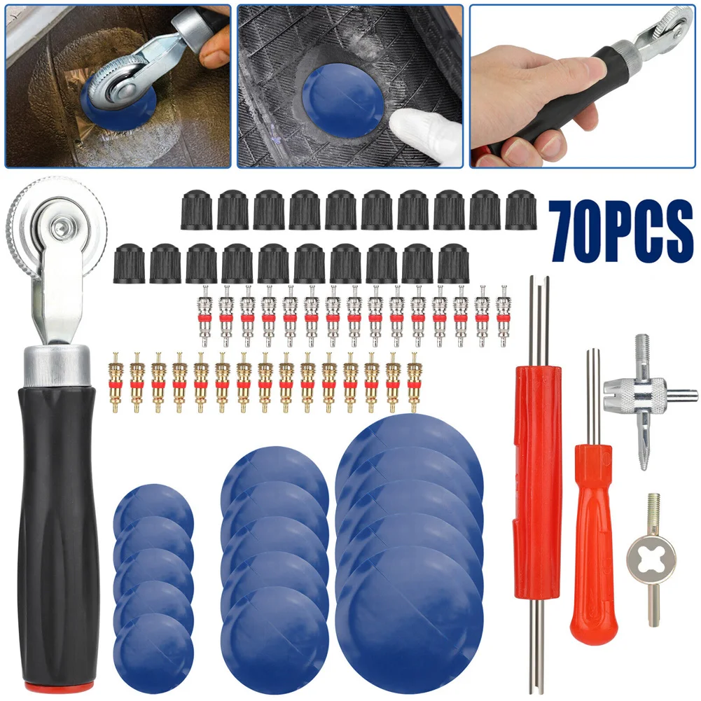 

70 шт., набор инструментов для ремонта шин, сердечники стержня клапана, инструмент для удаления сердечника клапана, 4-ходовой инструмент для клапана с двойной головкой, инструмент для ремонта