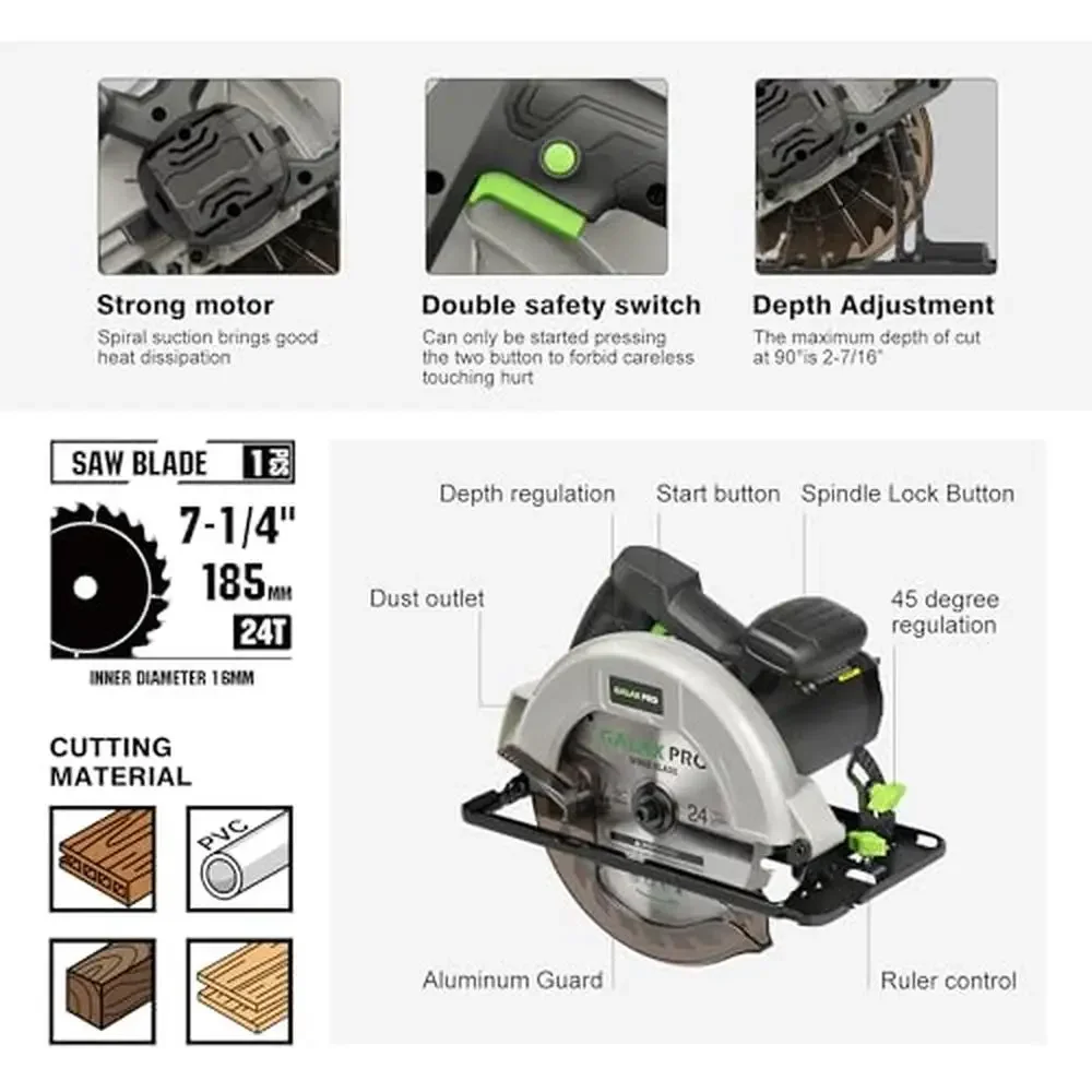 Adjustable Cutting Depth Circular Saw 6000RPM 7-1/4 Inch Blade Safety Design Scale Ruler Rip Guide woodworking tools woodworking table saw circular saw disc
