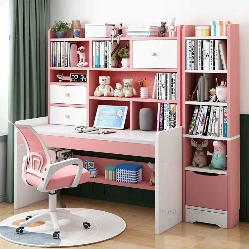 Simple Children's Table with Bookshelf Household Lifting Desk Primary School Student Bedroom Writing Study Table and Chair Set