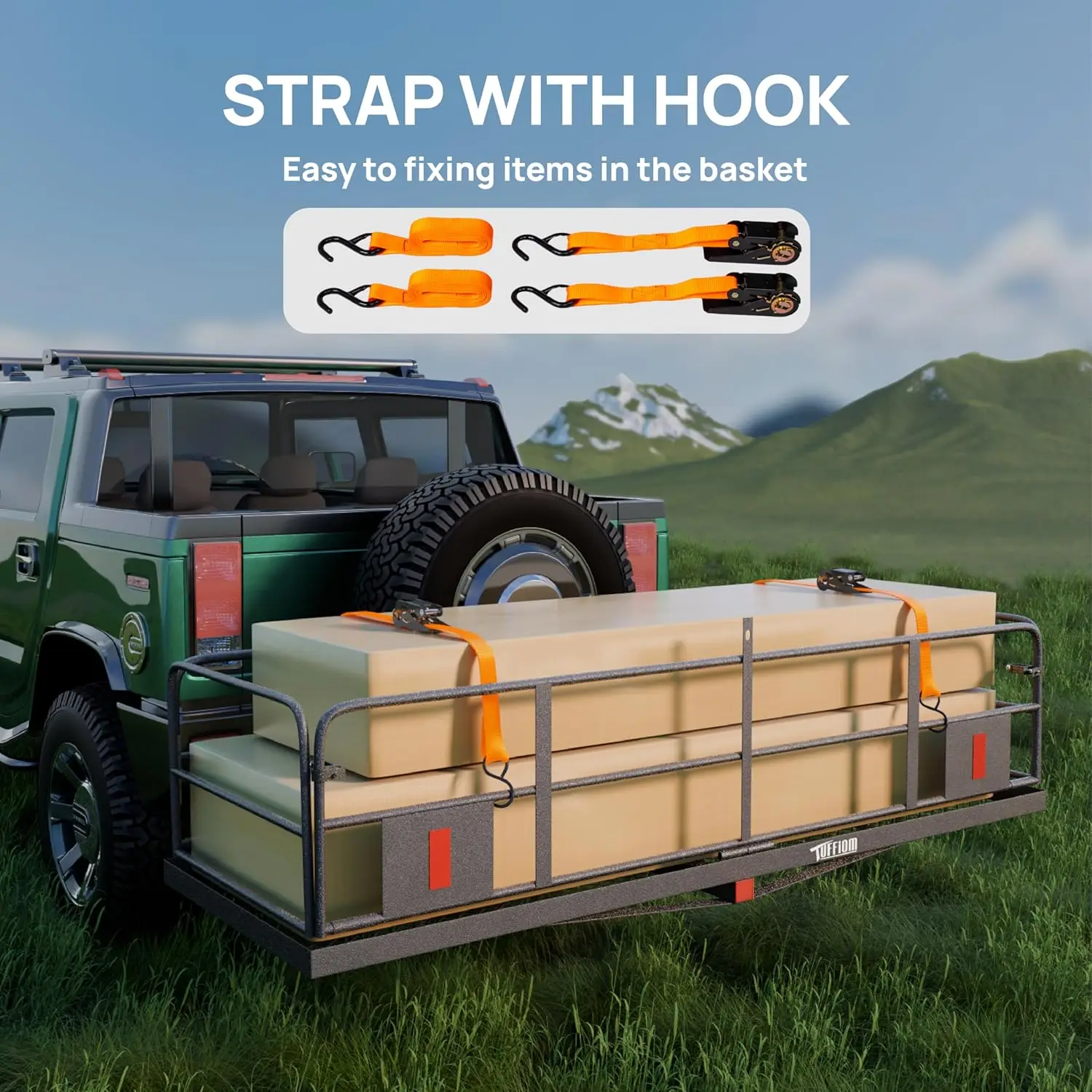 60"x24"x14"Folding Hitch Mount Cargo Carrier Basket,Upgraded 14"Height500lbs Steel Car Hitch Luggage Rack with Straps&Stabilizer