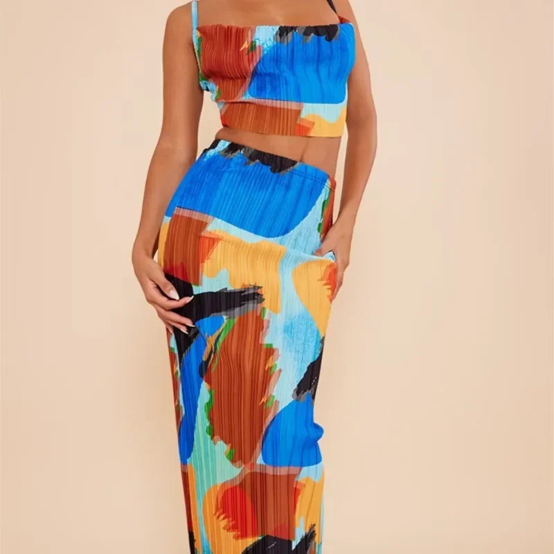 Beach Dress Women 2024 Sundress Clothes Swimsuit Print Pleated Two Piece Halter Slim Fit Skirt Solid Spandex Pareo Bikini Female