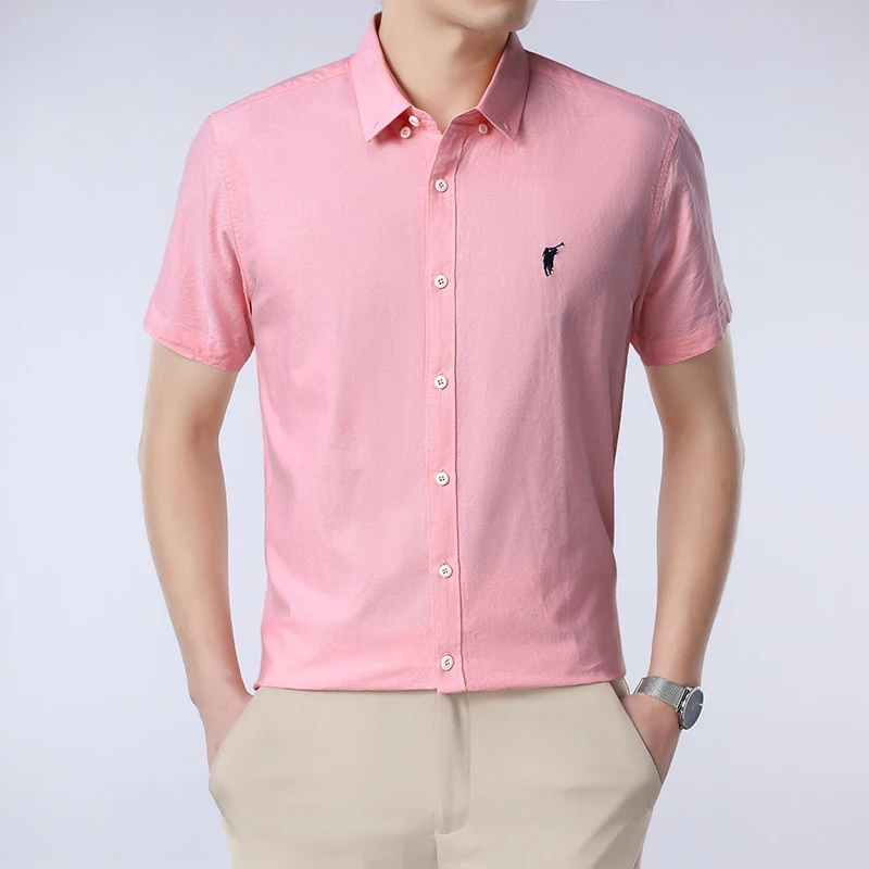 Solid Color Cotton Embroidered Small Horse Logo Shirt, Men's Short Sleeved Casual Versatile High-end Spring and Autumn Shirt
