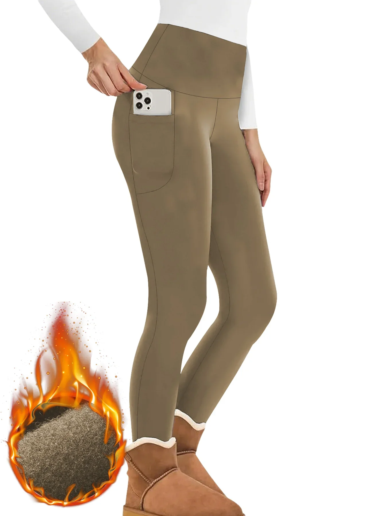 Hoch taillierte Winter-Leggings mit Taschen für Damen – dicke, warme Strumpfhose mit Thermo-Fleece-Futter und Bauchkontrolle, Workout, Laufen – Detail 16