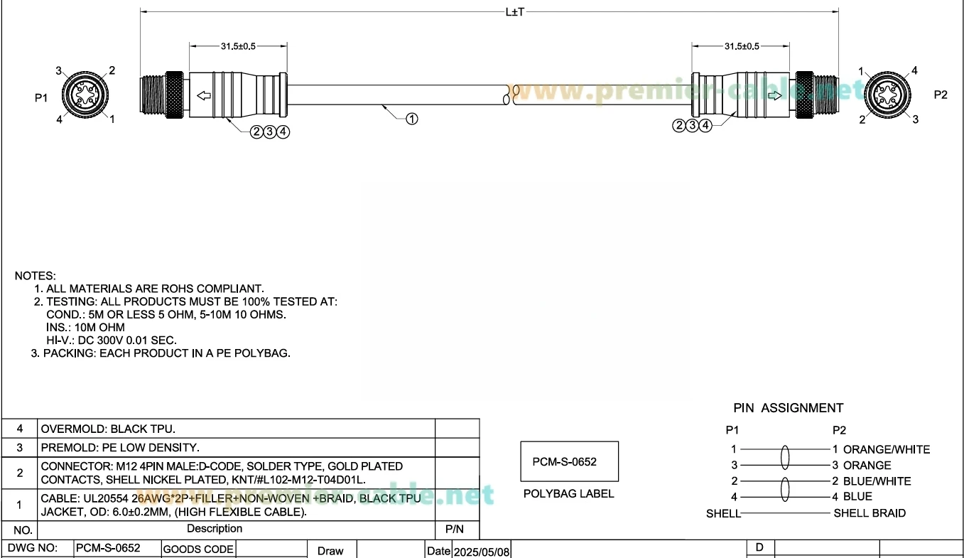 Profinet M12 D-Code 4-Pin Stecker-zu-Stecker Cat5 Ethernet-Kabel IP67 Abgeschirmtes Hochflexibles Industrielles Switch-Kabel für Maschinenvision – Detail 1