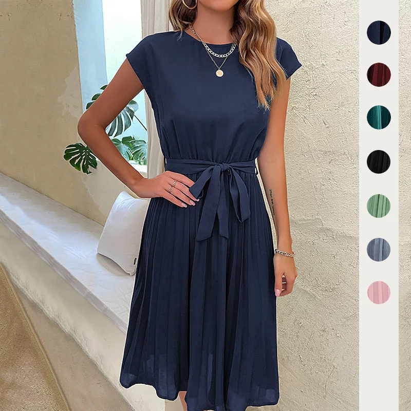 

Fashion Formal Dresses For Women 2023 Summer Pleated Round Neck Bow Belt Deisgn Elegant Gown Long Female Dress For Party