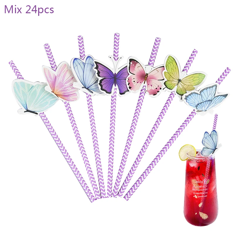 

24pcs Butterfly Paper Straw Colorful Butterfly Disposable Drinking Straw Wedding Cocktail Decor Birthday Baby Shower Supplies