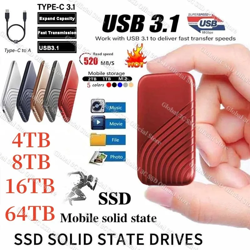 

Original High-speed Portable SSD 1TB 2TB 4TB 8TB External Hard Drive Mass Storage USB3.0 Interface for Laptops Computer Notebook