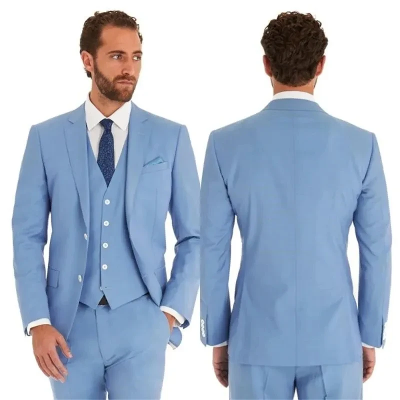 

Blue Men's Suits Single Breasted Notch Lapel Elegant Groom Outfits Fashion 3 Piece Jacket Pants Vest Slim Fit Costume Homme