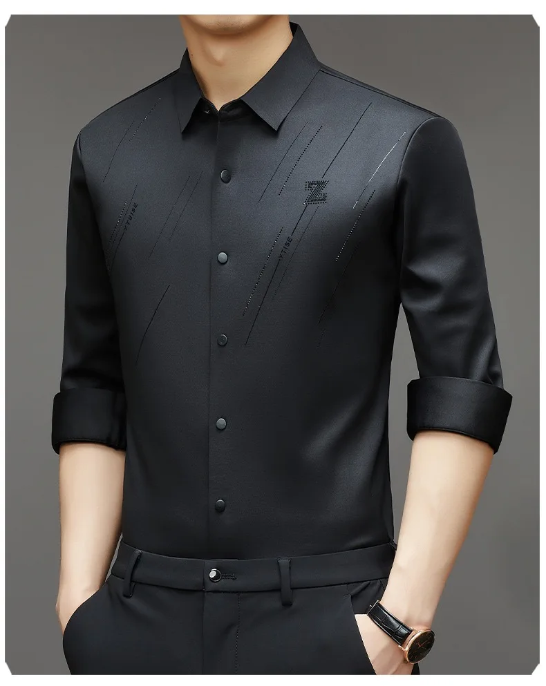 Description Picture 5 of itemFashion Men Business Social bright Smooth Shirt Spring Autumn business Long Sleeve Male Clothes thickened Lapel Casual Shirt Men