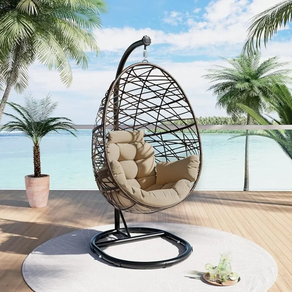 Egg Chair Outdoor Indoor Wicker Tear Drop Hanging Chair with Stand Color Cushion Brown