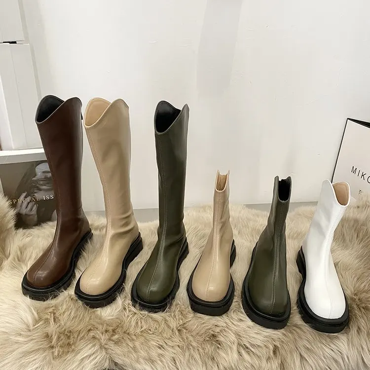 

White Thick-soled Boots Women's Shoes Mid-tube High-tube Knight Spring Autumn Single Boots Chelsea Boots Platform Shoes Boots