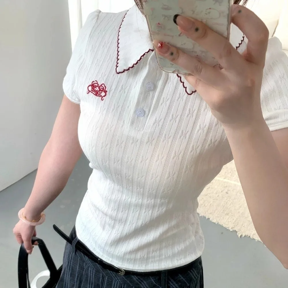 Cute Embroidery Korean T-Shirt Short White Knitwear Tops Streetwear V Neck Y2K Crop Top Girls