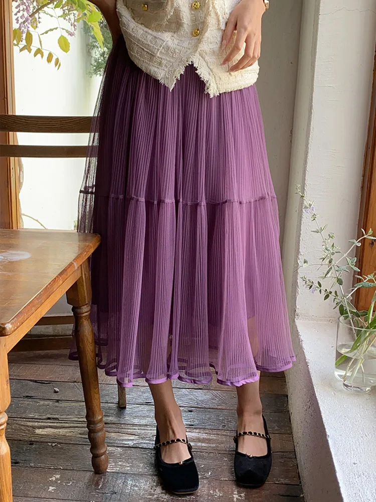 

OHRYIYIE Fashion Elegant Long Tulle Skirt Women 2023 Summer Mesh A Line Skirt Midi Purple Black High Waist Pleated Skirt Female