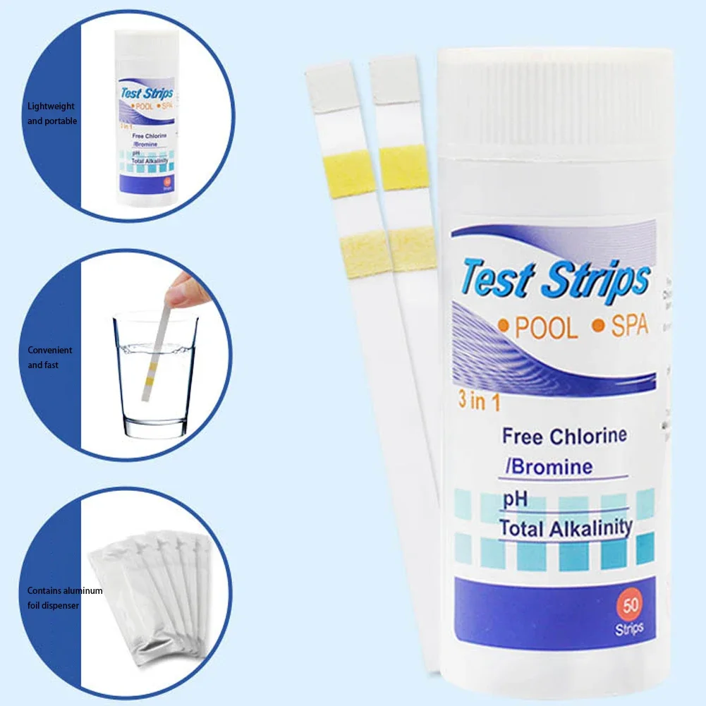 50pcs Test Strips Multipurpose 3-in-1 Residual Chlorine PH Value Alkalinity Test Strip Easy Detection for Pool Spa Aquarium