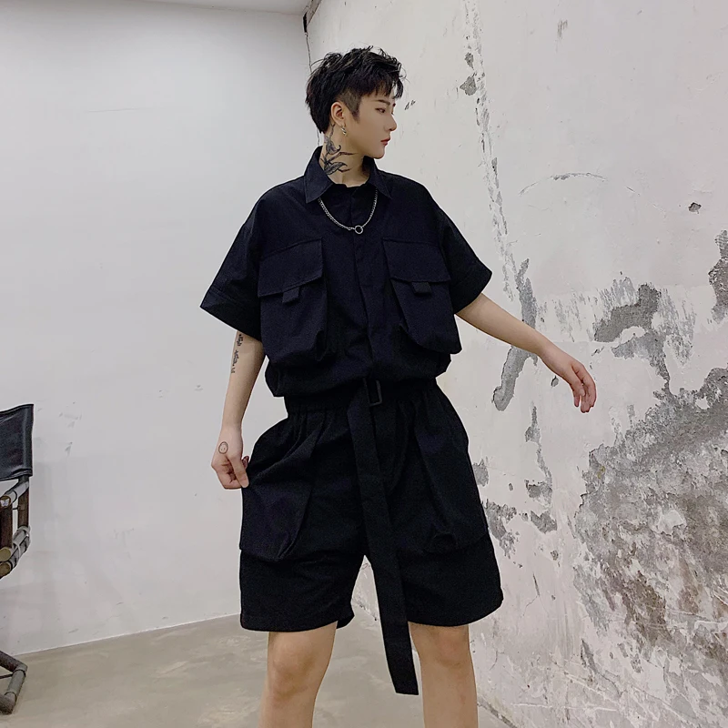 Men One Piece Overalls Multi Pockets Cargo Shorts Dark Harajuku Handsome Ins Bodysuit Singer Shorts Set Belt Sashes Chic Shorts
