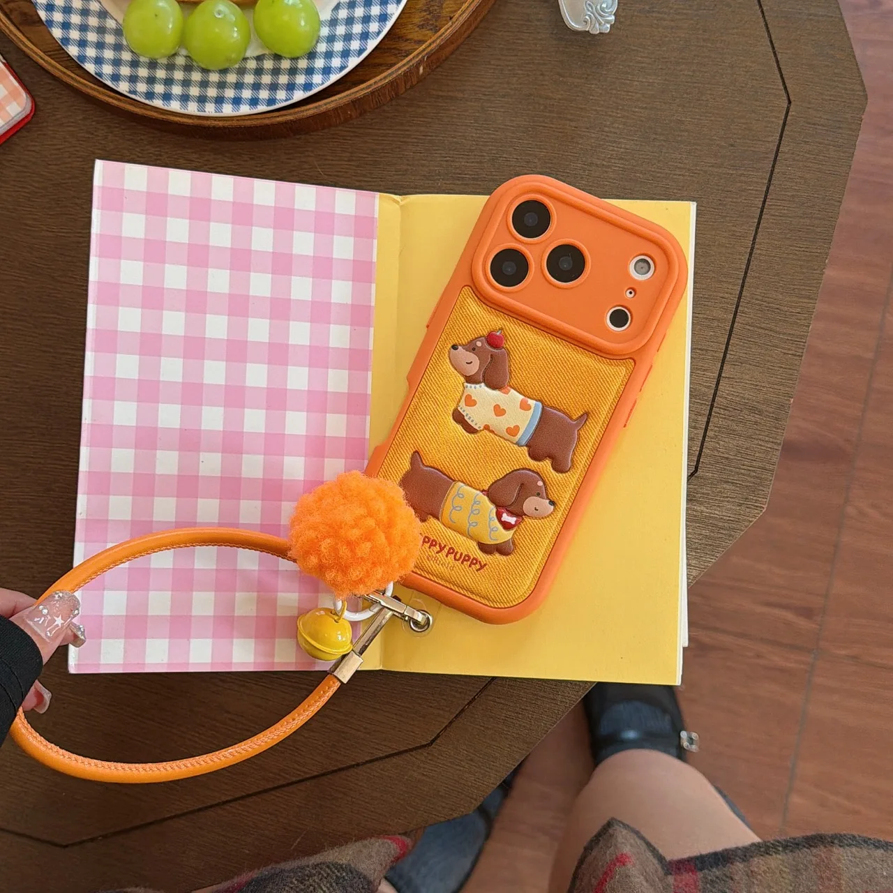 Cute Cartoon Puppy Sausage Dog Phone Case with Leather Rope Strap Cover