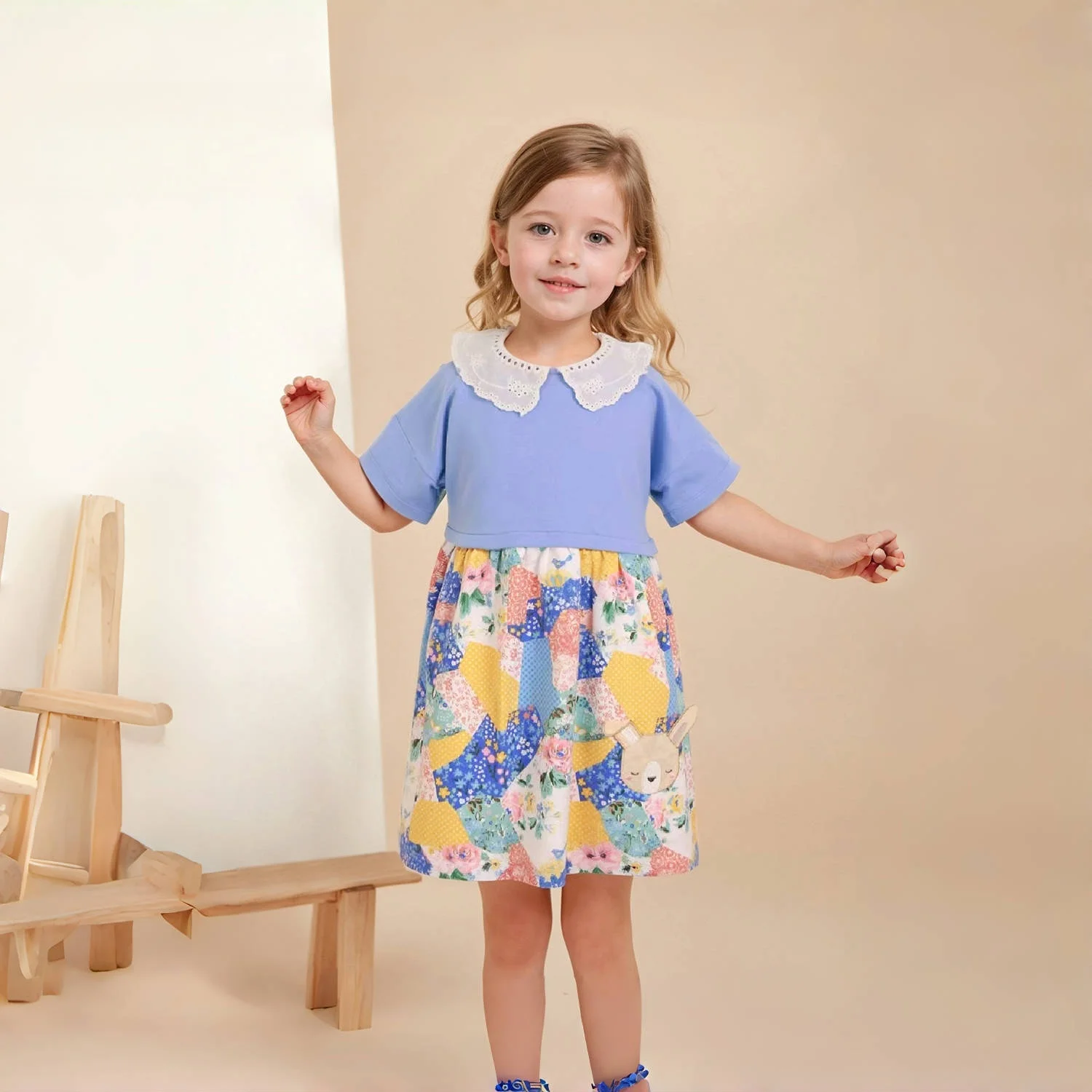 Autumn Fashion Baby Girls Kids Clothes Children's Clothing Pastoral style Cartoon Turndown Collar Dress Spring