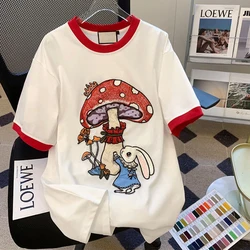 Cartoon Bunny T-shirt Women's Short Sleeve Cartoon Tshirts 2023 Summer New Loose Half Sleeve Tops Embroidered Top Kawaii Tees