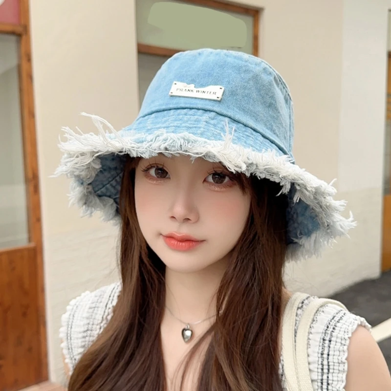 

Washed Denim Bucket Hat for Girl Breathable Distressed Hat for Women Wide Brim Hat Female Fisherman Hat Outdoor Headwear
