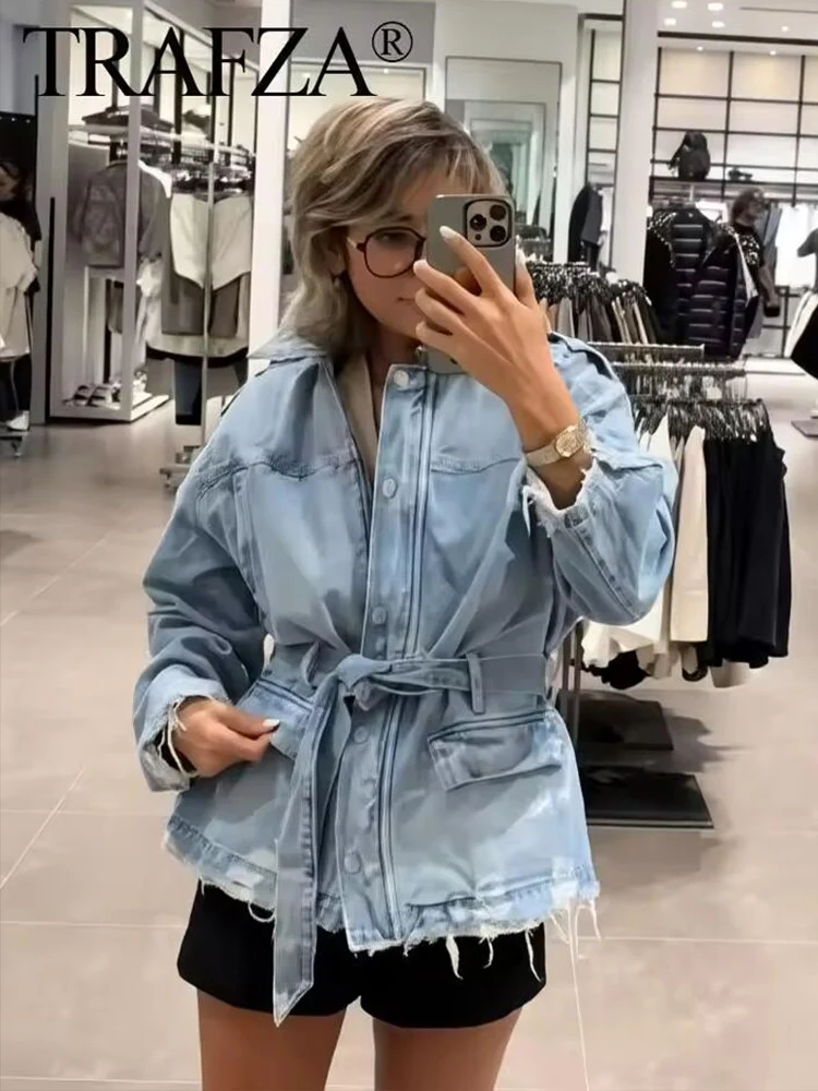 2025 Autumn Street Hole Denim Women Coats Elegant Turn-down Single Breasted Jacket Lace Up Full Sleeve Female Jackets Lady Coat